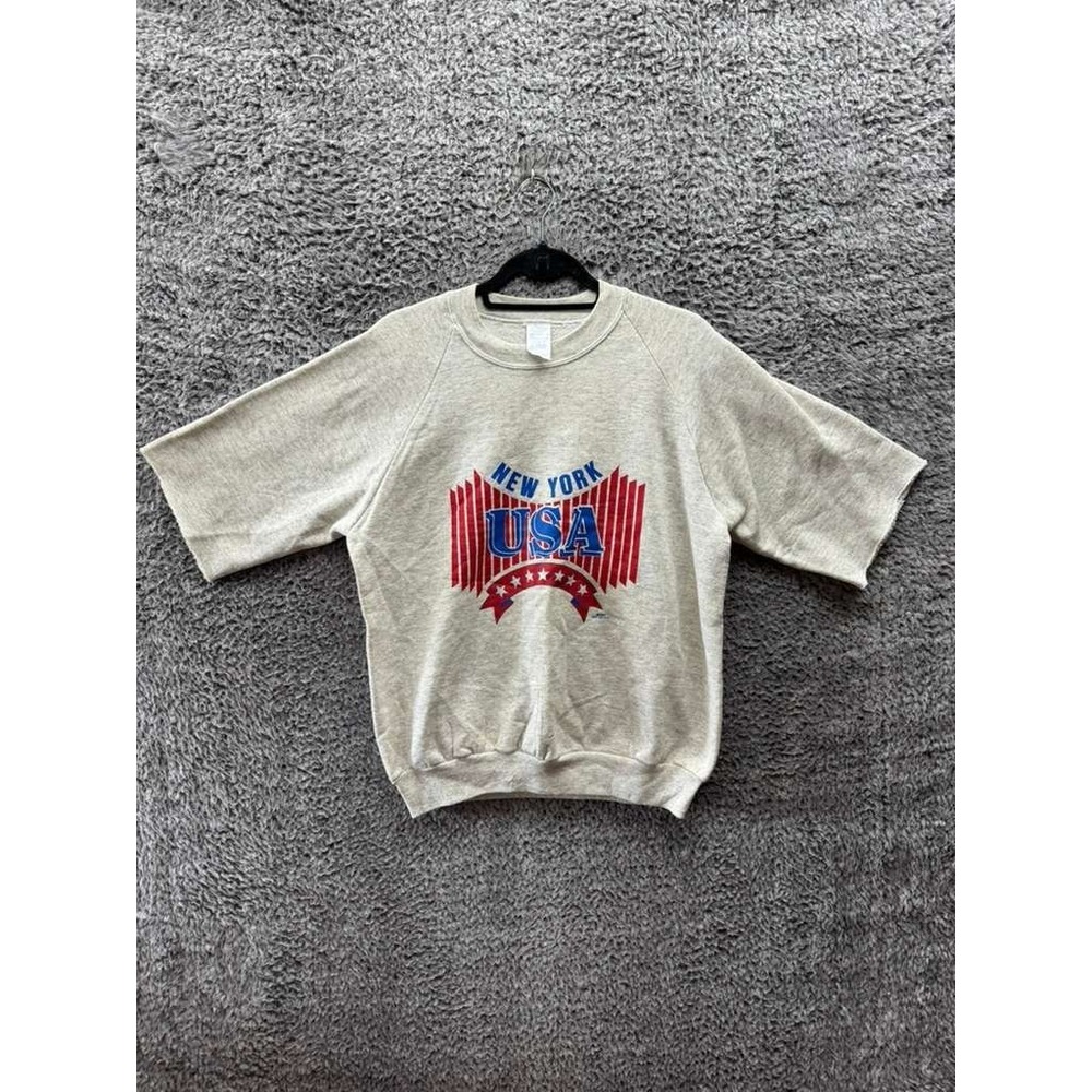 Vintage New York USA Graphic Distressed Sleeve Pullover Sweater Gray Mens Size L